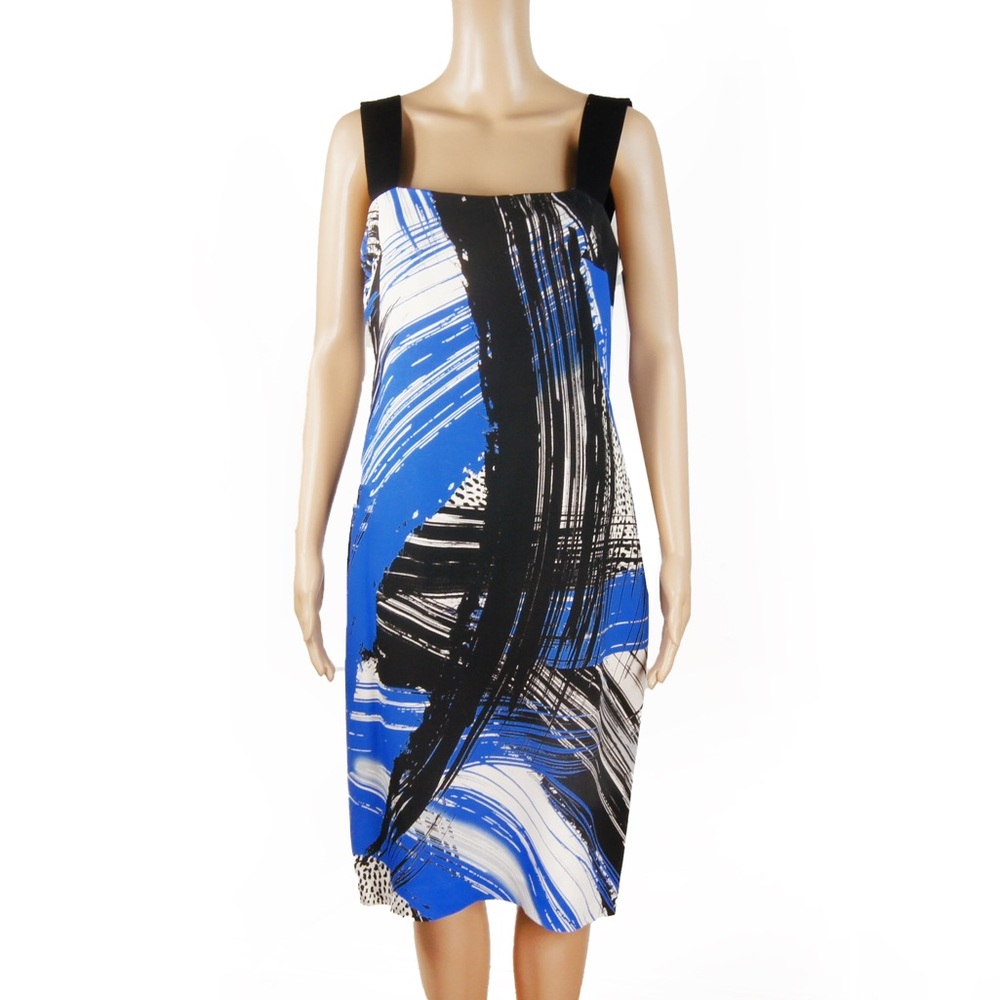 Milly New York Blue White Black Abstract Artsy Pattern Midi Dress